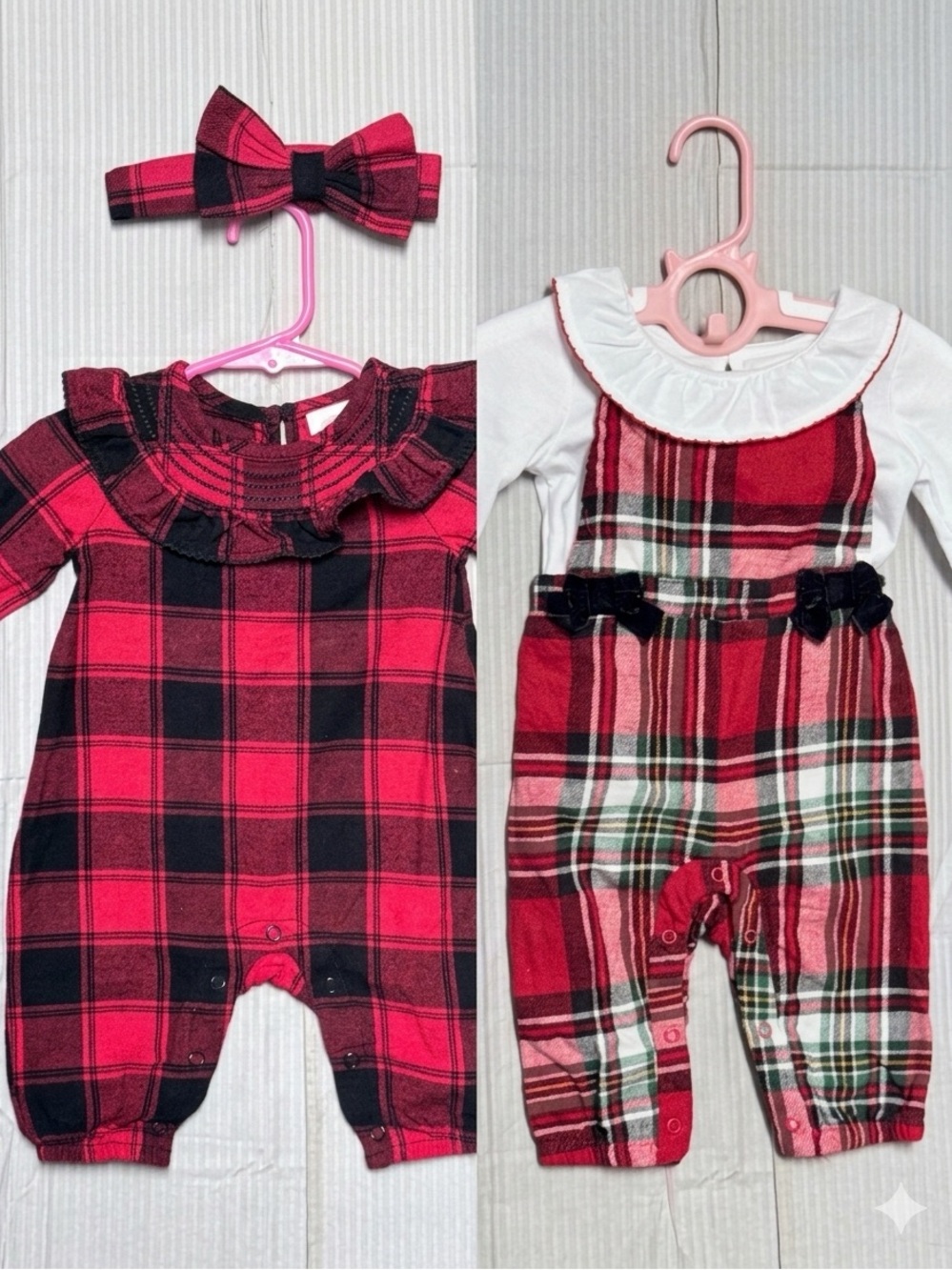 Wonder Nation 3-6M Holiday Plaid Romper & Overalls Outfit Bundle Set • Worn 1x